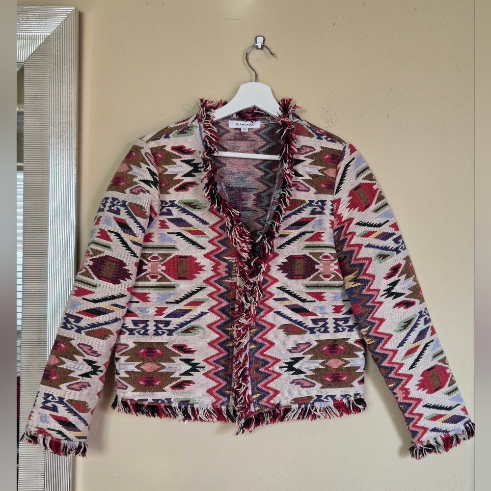 Cotton Tapestry Jacket Glamorous Pattern Funky Eclectic Blanket Fringe